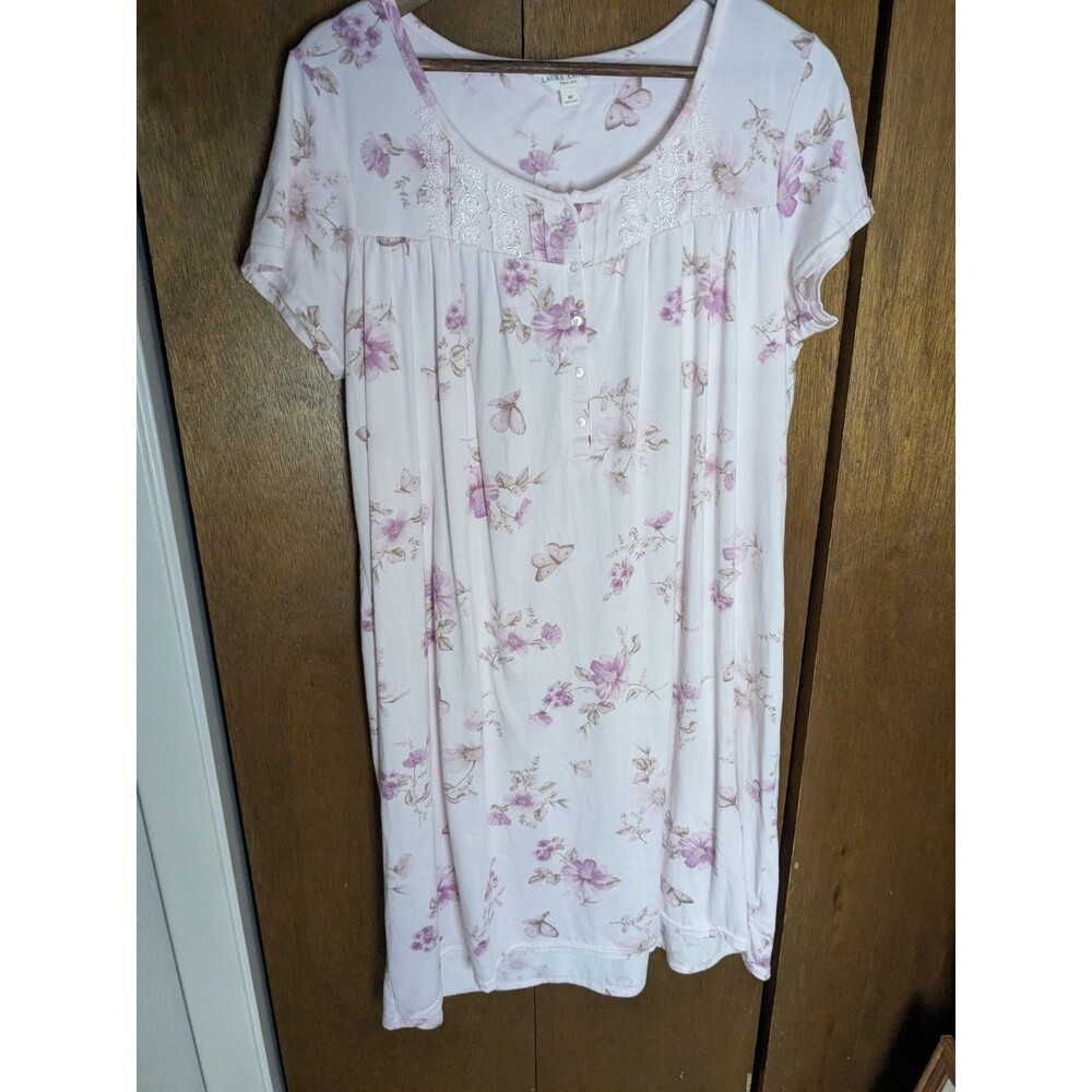 Medium LAURA ASHLEY PINK FLORAL Butterfly Super Soft KNIT NIGHT GOWN Womens - Picture 3 of 5